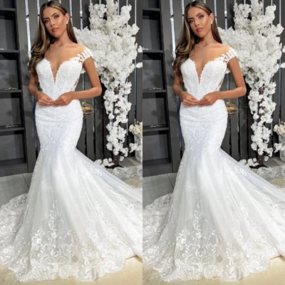 Mermaid Wedding Dresses V Neck Sweep Train Elegant Short Sleeves Bridal Gowns - Image 1 of 4