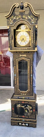 Vintage Old Rare Tempus Fugit Chinoiserie Black Gold Lacquered Grandfather Clock Cover