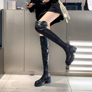 Womens Fashion Leather Platform Block Heel Stretched Over Knee Boots Shoes - Picture 1 of 15