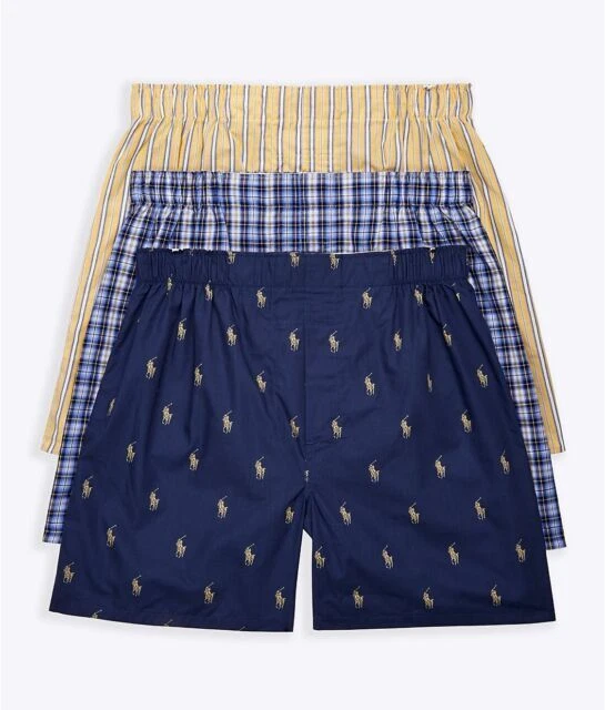 Polo Ralph Lauren Men's Classic Fit Cotton Woven Boxers, Size L, 3-Pack (Rustic Navy/Campus Yellow, Summer Stripe/Cruise Navy, Sag Harbor Plaid/Polo Yellow)