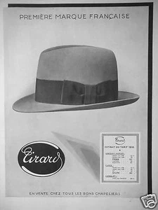 PUBLICITÉ 1934 TIRARD CHAPEAUX SOUPLES CAPES CAPMALET PREMIÈRE MARQUE FRANÇAISE - Imagen 1 de 1