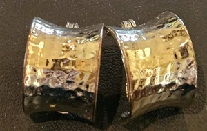 Classic MONET Yellow Hammered Gold Hoop Clip On Earrings Signed - Picture 1 of 2