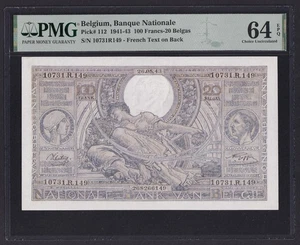 Belgium 100 Francs - 20 Belgas 1941 - 43, Pick 112, PMG 64, UNC - Picture 1 of 2