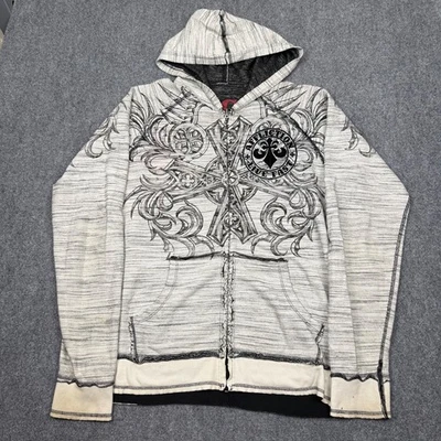 Vtg Y2K Affliction Reversible Hoodie Full Zip Up Mens L Grunge Wings Cross Goth - Image 1 of 4