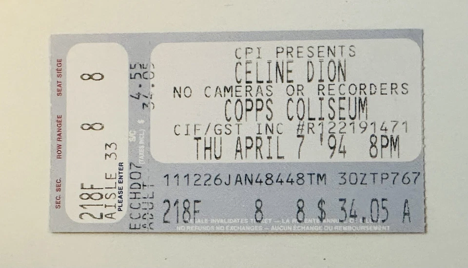 Céline Dion original concert ticket 1994 - Image 1 of 1