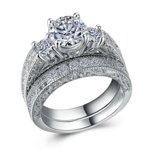 1.58Ct White Round Cut CZ Three Stone Wedding Ring Set In 925 Sterling Silver - Picture 1 of 4