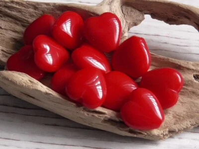 12 - 12mm CZECH OPAQUE BRIGHT RED PUFFED HEART GLASS BEADS, LOVE BEADS - Image 1 of 3