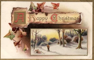 Scenic View Sunset Man Walking Leaves Gold Border Christmas Serie 1403X Postcard - Picture 1 of 2