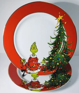 2 Speiseteller WUNDERSCHÖN!!! THE GRINCH Elegant Weihnachten Rot mit Goldrand Neu - Bild 1 von 6