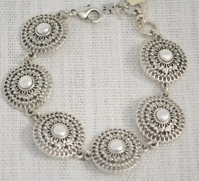 Brazalete de eslabones de disco de perlas de imitación tono plata marca Lucky JLRY7993 NUEVO CON ETIQUETAS Foto 1 de 4