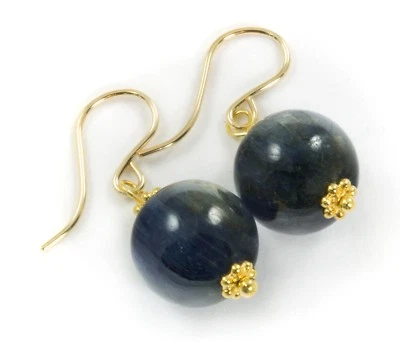 Pendientes de cianita azul profundo redondos oro 14k simple gota natural plata de ley Foto 1 de 4