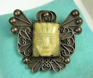 Vintage riesige 1940er Mexiko Sterlingsilber geschnitzte grüne Onyx Krieger Maske Brosche - Bild 1 von 4