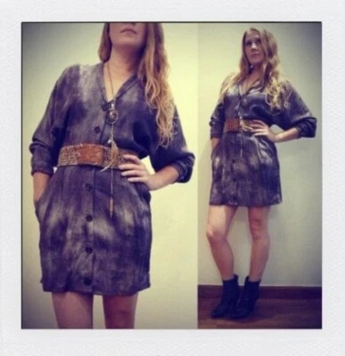 Vestido Camisa De Colección Años 90 Teñido Corbata Lino Índigo Años 90 Grunge Mini Boho Hippie Índigo Foto 1 de 4