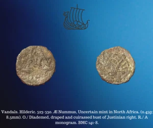 523-530 AD Vandals & Goths Hilderic AE Nummus 0.45g; 8.5mm A Monogram Coin - Picture 1 of 4