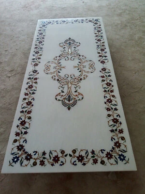 3'x2' White Marble Table Top Dining Center Decor Inlay Malachite pietra dura - Image 1 of 4