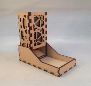 Gears Dice Tower & Tray Glass Green Acrylic Window COMPACT DESIGN Laser Cut MDF - Bild 1 von 6