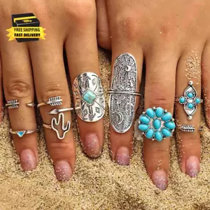Boho Western Ring Set Türkis Kaktus Pfeil Gelenk Knöchel Fingerringe Sets für - Bild 1 von 7