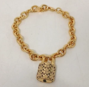 COACH Logo Quilted Padlock Gold Tone Chain Bracelet Used - Picture 1 of 5