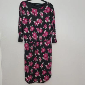 Vestido Ralph Lauren Mediano Negro Rosa Floral Ala de Murciélago Manga Larga Cintura Ajustada - Imagen 1 de 7