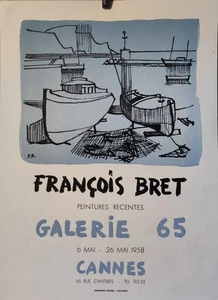 Affiche originale ancienne 1958 François Bret exposition Galerie 65 Cannes /AP16 - Picture 1 of 2