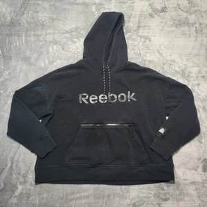 Reebok Hoodie Men's XL Black Logo Drawstrings Long Sleeve Pullover Cropped - Picture 1 of 11