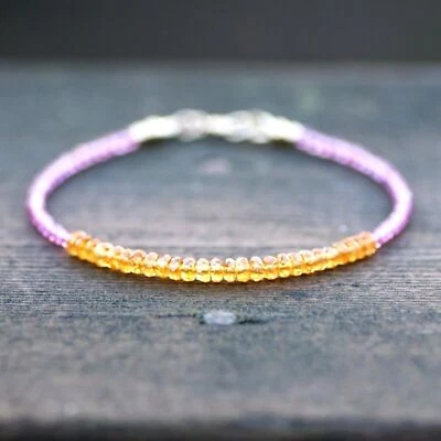 Natural Pink Topaz and Orange Sapphire Bracelet Solid 14K Gold 585 , 6.9" - 7" - Image 1 of 4