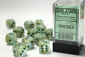 Dados de mármol Chessex 27609 - D6 16 mm x 12 - verde/verde oscuro - Imagen 1 de 1