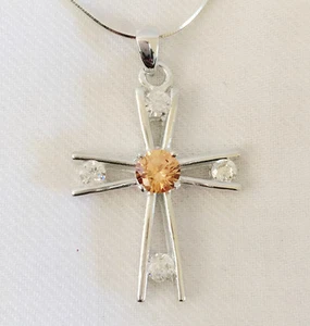 Nuevo 925 simulado Silver Orange Citrine CZ Holly Cross Charm Collar Colgante - Imagen 1 de 4