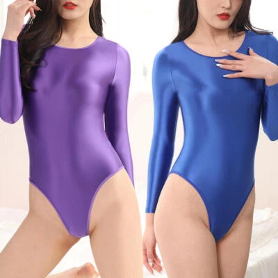 Womens Long Sleeve Satin Lingerie High Cut Thong Leotard Shiny Bodysuit Jumpsuit - Image 1 of 4