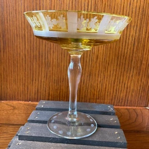 Vintage Yellow Glass Pedestal Footed Bowl Compote Art Deco Etched Frosted Design - Picture 1 of 10