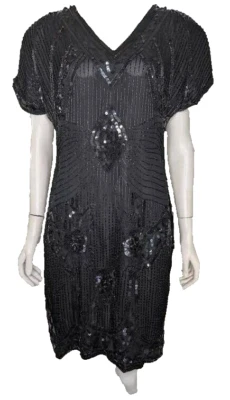 Vestido de seda con cuentas vintage lentejuelas Stenay formales hombreras negras manga corta Foto 1 de 4