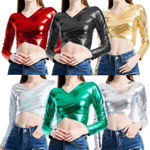 Damen glänzendes Leder Langarm ausgestellt Bauchnabel Bluse Freizeit Tank Tops T-Shirt - Bild 1 von 37