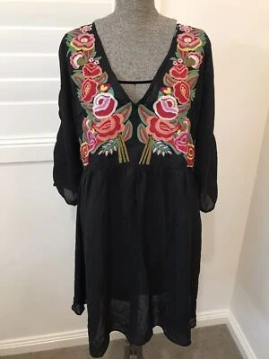 ASOS black semi sheer flower embroidered mexican style dress UK 16 US 12 EU 44 - image 1 of 4