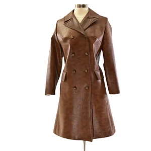 60s Vintage Brown Faux Leather Coat Womens M Double Breasted Mod Trench Jacket - Picture 1 of 5