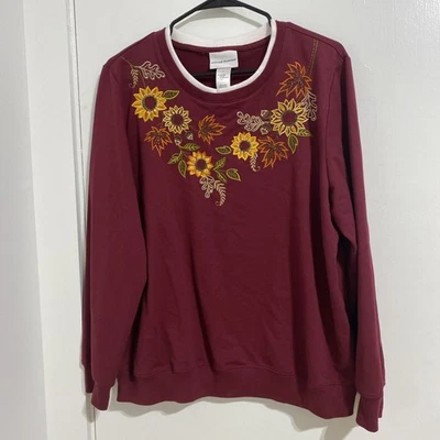 Camisa Top Alfred Dunner Mujer Grande Borgoña Floral Bordada Girasoles Foto 1 de 4