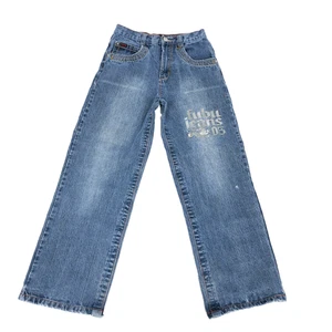 VTG Fubu Jeans Boys 18 Wide Leg Blue 26 X 27 Baggy Skater Hip Hop Embroidered - Picture 1 of 12