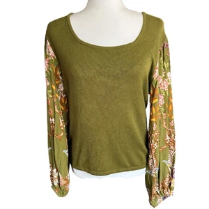 Anthropologie Bl^nk Blank London Green Printed Balloon Sleeve Sweater Top Large - Picture 1 of 11