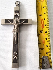 Antique Vintage Catholic Cross Skull and Bones Metal Wood 4 inch pendant - Picture 1 of 4
