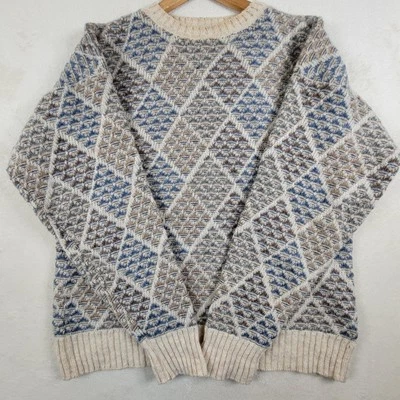 Vintage Pendleton Knit Wool Sweater Extra Large Beige Blue Crewneck Pattern 90s - Image 1 of 4
