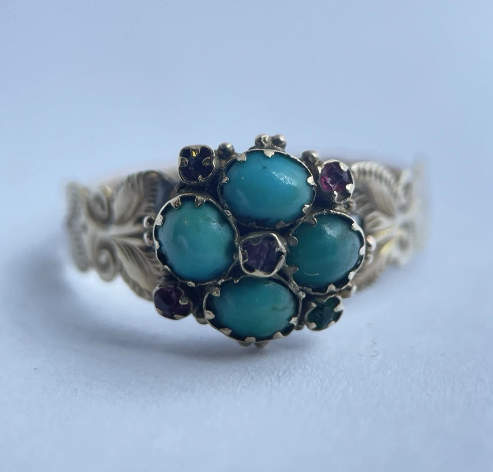 Antique 9ct Gold Turquoise & Paste Cluster Mourning Hair Ornate Engraved Ring -N - Image 1 of 4