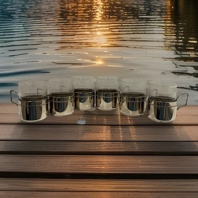 6 ANTIQUE WMF  TEEGLASHALTER SILVER PLATE TEA HOLDERS W 6 Glasses Germany 1900s - Image 1 of 4