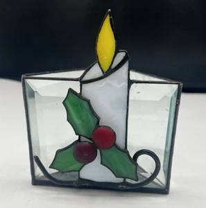 Vtg Handmade OOAK Bevel Stained Glass Christmas Candle Holly Triangle Votive - Picture 1 of 9