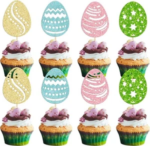 24Pcs Easter Egg Cupcake Toppers Glitter Happy Multicolor 3 - Picture 1 of 7