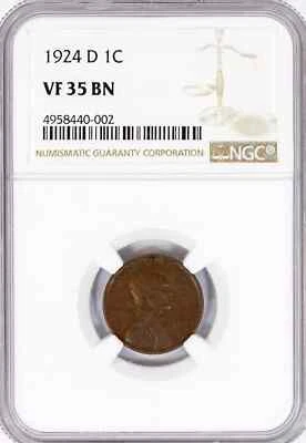 1924 D Small Cents Lincoln, Wheat Ears Reverse NGC VF-35 BN - Image 1 of 4