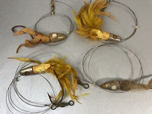 4 Vtg Barracuda Jig N Eel Fishing Lures Glass Eye Lead Jigs Salt Water Feather 