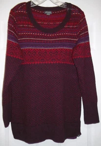 Eddie Bauer Women's Wool Blend Tunic Sweater Red Purple Fair Isle Nordic Sz L - Picture 1 of 9