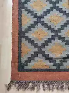 Turkish Wool Jute Rug Vintage Kilim Pattern Outdoor Patio Indian Dhurrie Carpet - Picture 1 of 8
