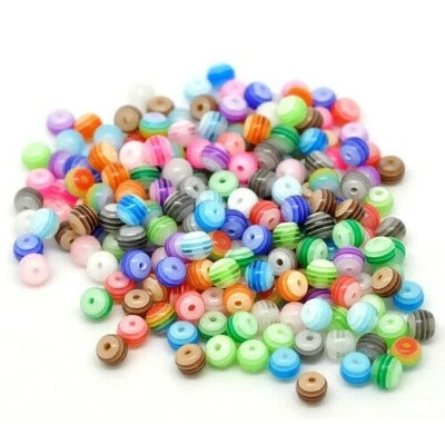 200 Assorted Rainbow Mixed Striped 6mm Smooth Round Laminated Resin Craft Beads - Image 1 of 4