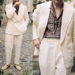Primavera Verano Para Hombre Blanco Off Mezcla de Lino Abrigo Vintage Cintura Ajustable Pantalón - Imagen 1 de 13