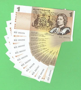 #D292.  TEN  CONSECUTIVE 1976 TYPE KNIGHT / WHEELER  $1 BANKNOTES BZZ 386285/94 - Picture 1 of 2
